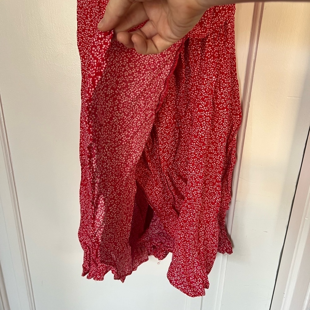 Red Floral Wrap Midi Dress Cottagecore Ruffle Sleeve Summer Size L/ M - Picture 4 of 10